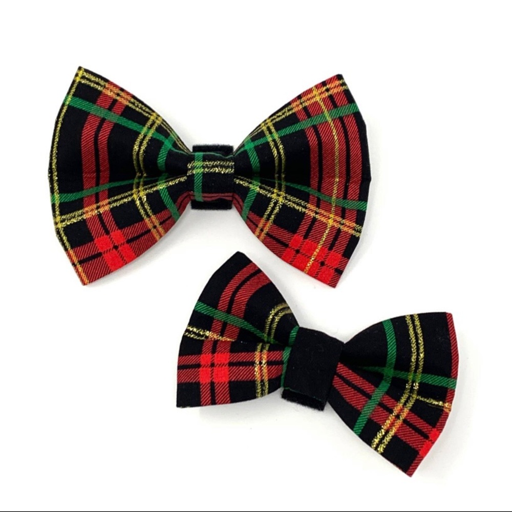 Red Sparkle Christmas Plaid Dog Bow Tie